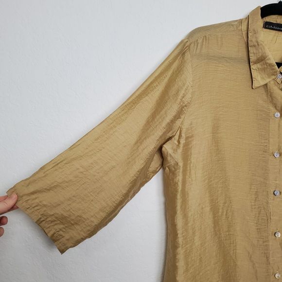 Cut Loose Womens Tunic Top Size L Button Front Gold Shimmer Tencel 3/4 Sleeve - Picture 2 of 7